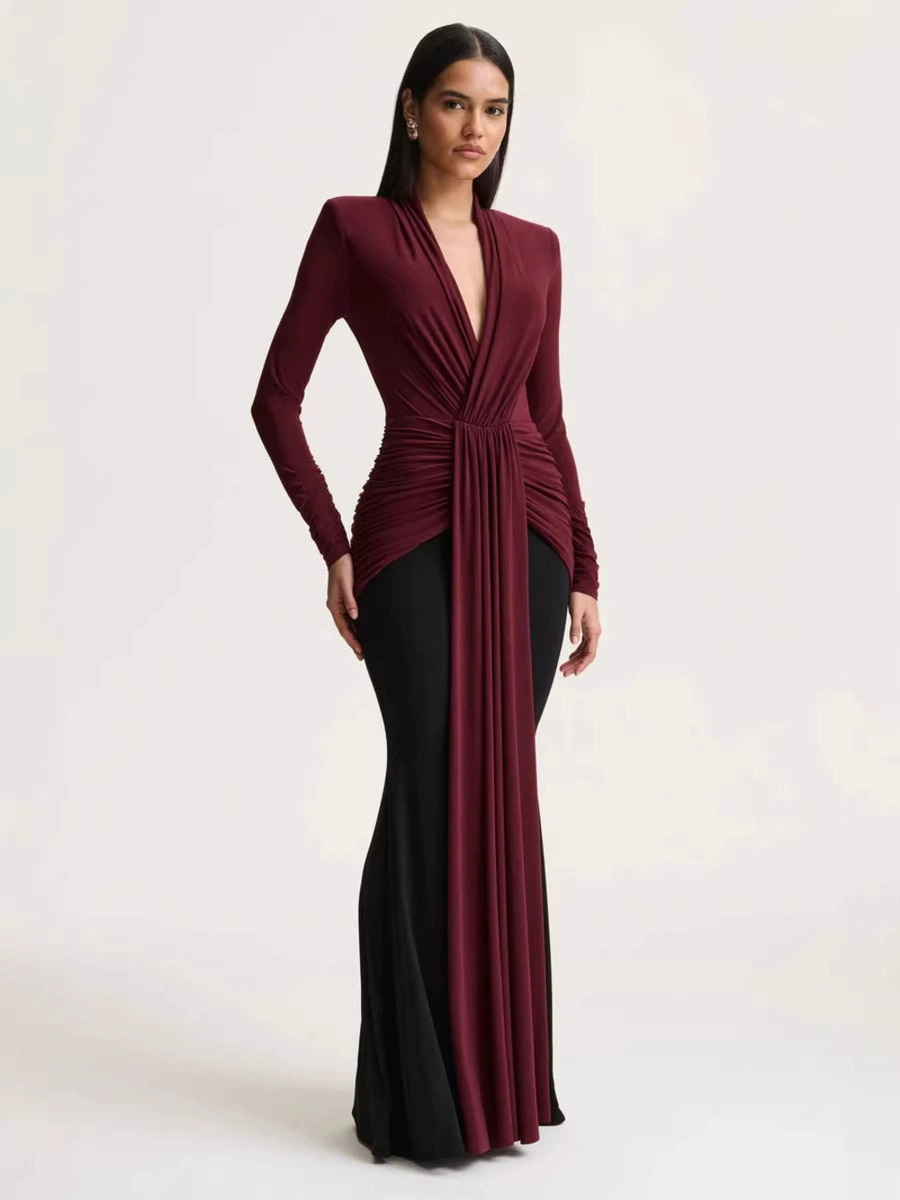 Zara Wine Red Black Contrast Long Sleeve Deep Padded Shoulder Pleated Fishtail